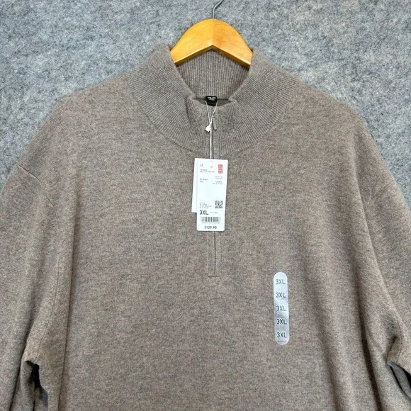 Uniqlo 100% Cashmere Sweater Mens 3XL Quarter Zip Soft Mock Neck Ribbed Hem NEW